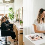 Cosmetology professionals working in a salon and remotely on a laptop