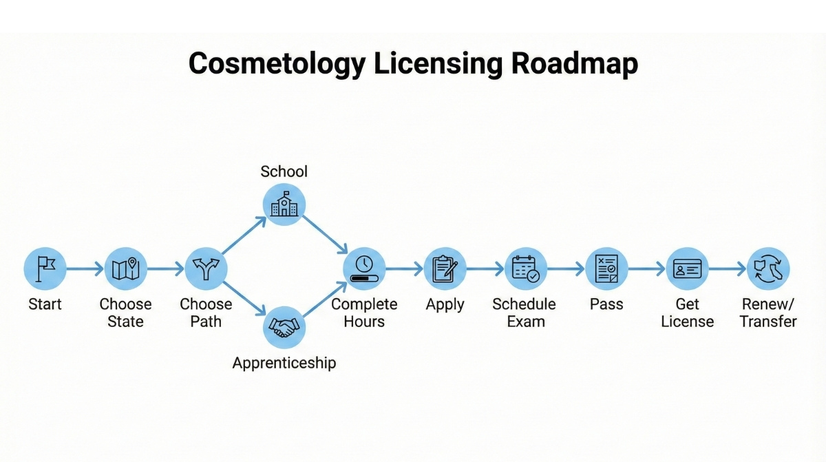 Infographic showing the step-by-step process to get a cosmetology license, from starting and choosing a path (school or apprenticeship) to completing hours, passing exams, and renewing or transferring the license.
