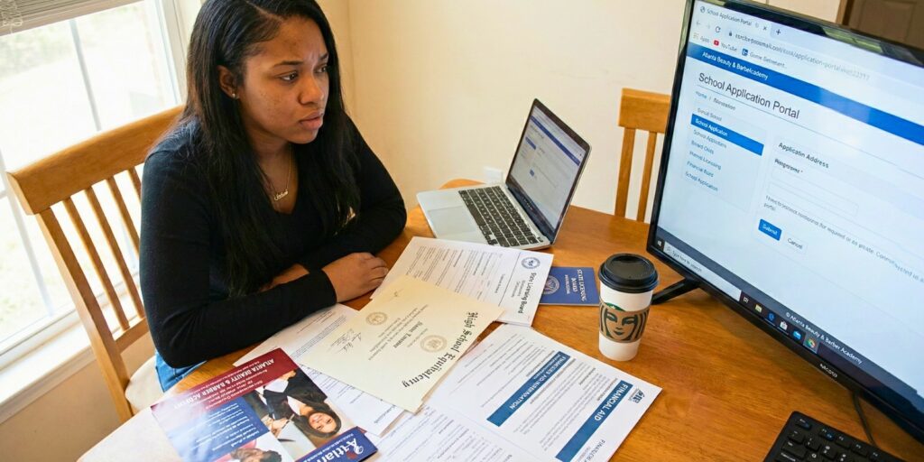 A young woman sits at a table with a High School Equivalency diploma and other documents, looking concerned while navigating an online school application portal