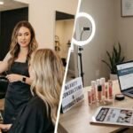 Beauty professional consulting a client in a salon and working on a laptop for beauty product sales and education