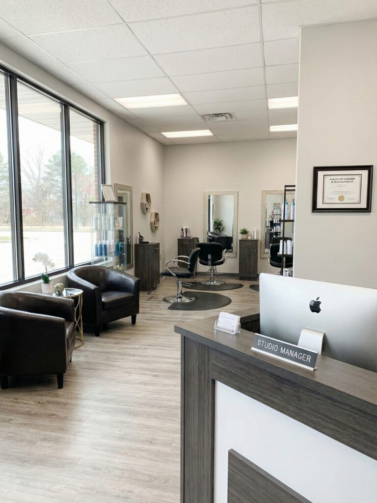 Salon interior with front desk and styling stations showing beauty business ownership without performing services