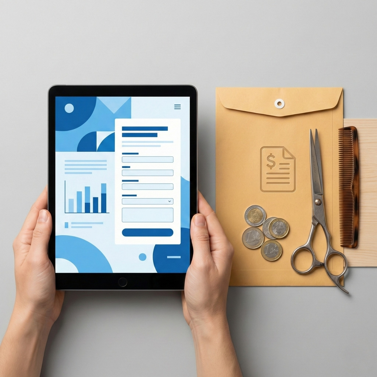 Hands holding a tablet displaying a financial aid interface next to barber scissors, a comb, coins, and an icon-labeled envelope on a grey background.