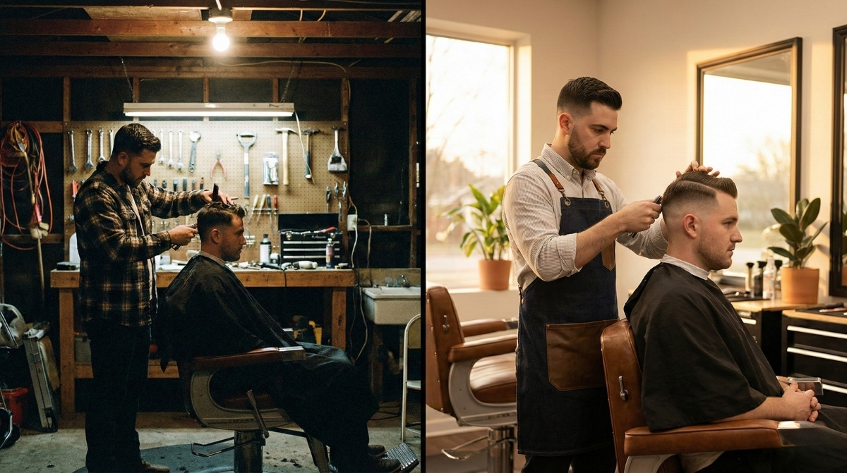 A split-screen cinematic photo showing a barber's transition from a rustic garage workspace with hanging tools to a modern, high-end barbershop with professional lighting and equipment.