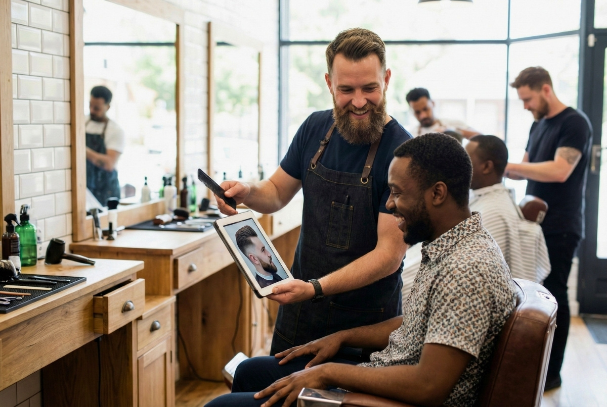 A bearded barber in a denim apron smiles while showing a haircut reference photo on a tablet to a happy Black client in a patterned shirt during a consultation in a bright, modern barbershop with wooden stations and white subway tiles.