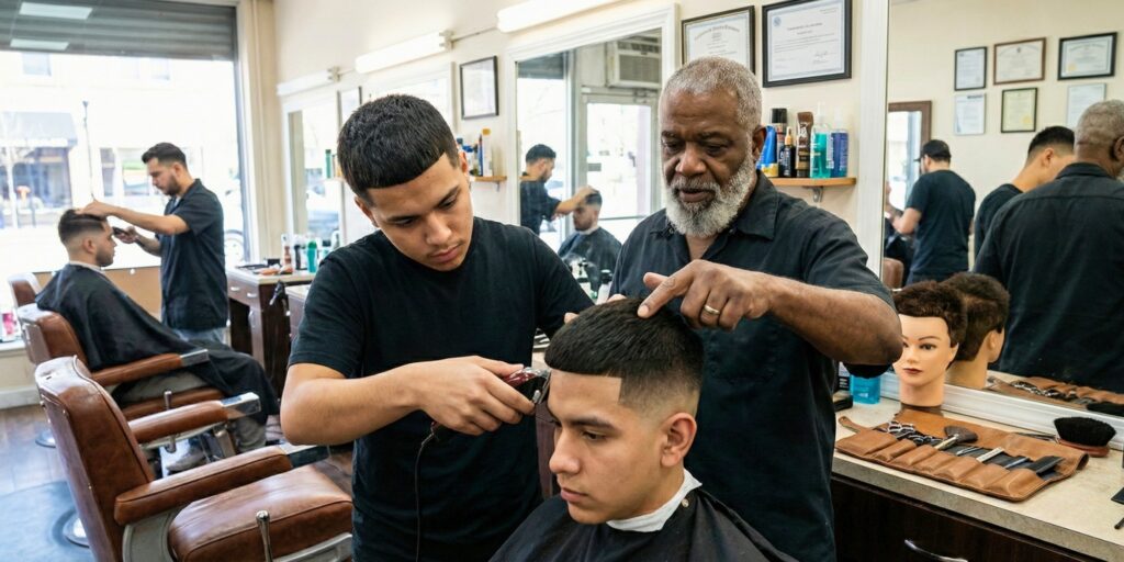 A master barber instructor points to a client's hair, guiding a barber apprentice who is using clippers during a hands-on training session in a barbershop, with a practice mannequin head nearby.