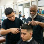 A master barber instructor points to a client's hair, guiding a barber apprentice who is using clippers during a hands-on training session in a barbershop, with a practice mannequin head nearby.