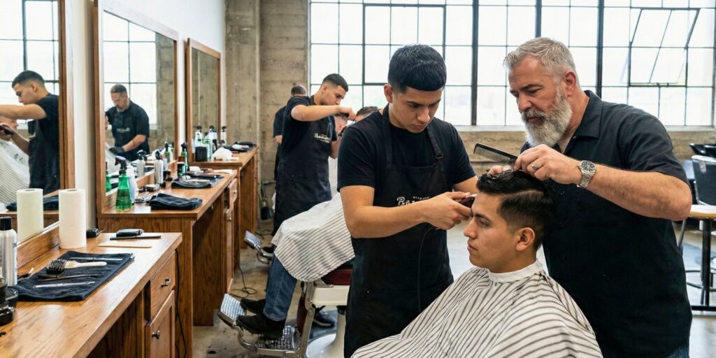 An experienced instructor supervising a student barber using clippers on a client's hair on a busy barber academy clinic floor with natural light.