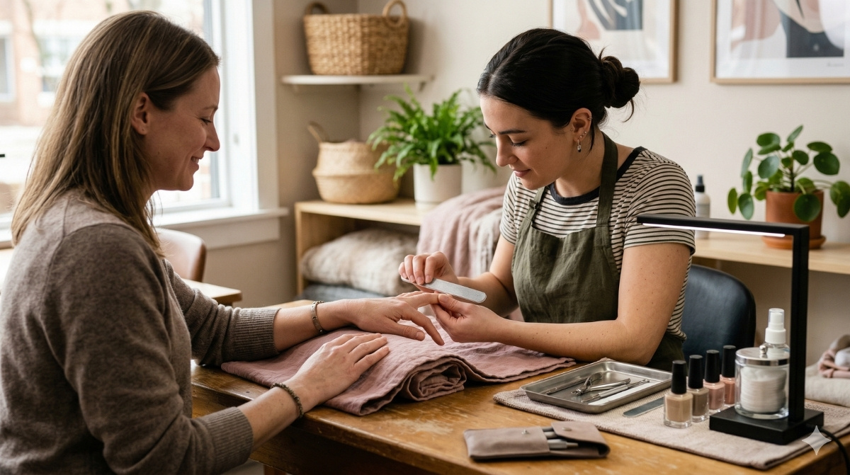 A professional nail technician in an olive green apron carefully filing a client's nails at a wooden manicure table featuring sanitized tools and warm salon lighting.