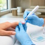 A close-up photograph of a nail technician in blue gloves using a lighted electric file on a client's fingernail. The pristine workspace includes a Petri dish with gel, a bottle, and a digital monitor, set in a bright, modern salon.