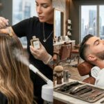 Realistic composite image of a cosmetologist performing a scalp treatment and a barber doing a straight-razor shave in a modern studio.