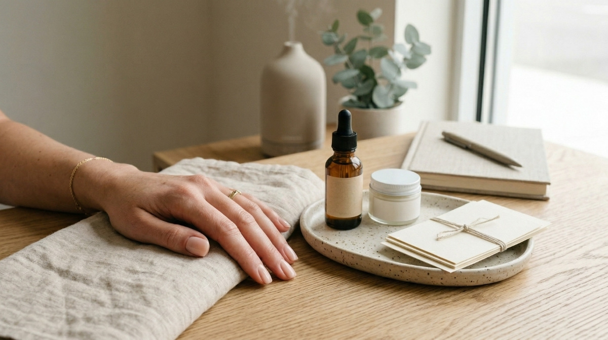 A hand with natural structured nails resting on a linen towel beside minimalist skincare products in a high-end salon.