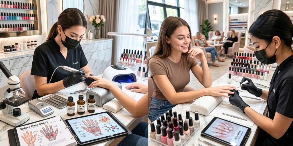 A professional nail technician in a modern, clean salon performing a precise manicure on a client using advanced tools and health-focused products.