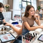 A professional nail technician in a modern, clean salon performing a precise manicure on a client using advanced tools and health-focused products.