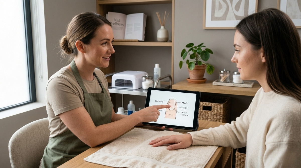A nail technician points to a digital diagram of nail anatomy on a tablet screen while consulting with a client in a clean, modern treatment room with soft natural lighting.