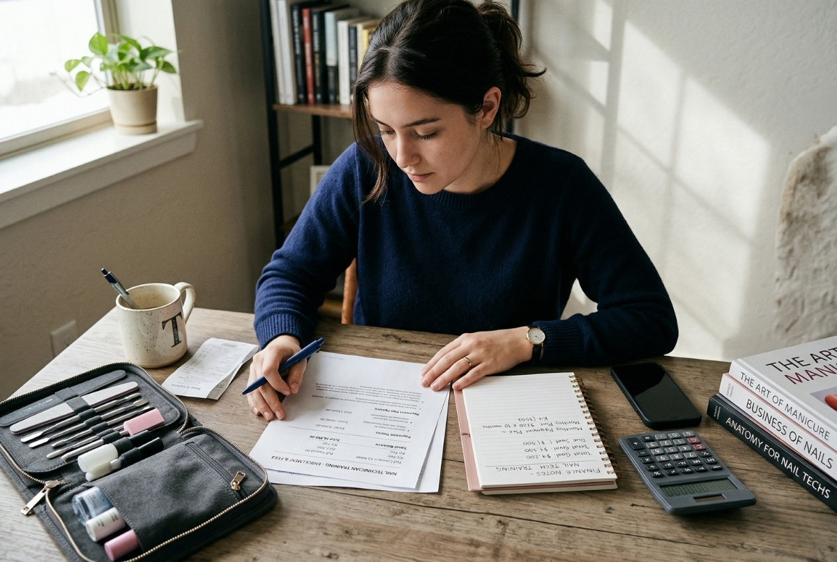 A nail technician student at a tidy desk reviewing tuition paperwork, a handwritten budget notebook, and a calculator next to an open professional manicure kit and industry textbooks.