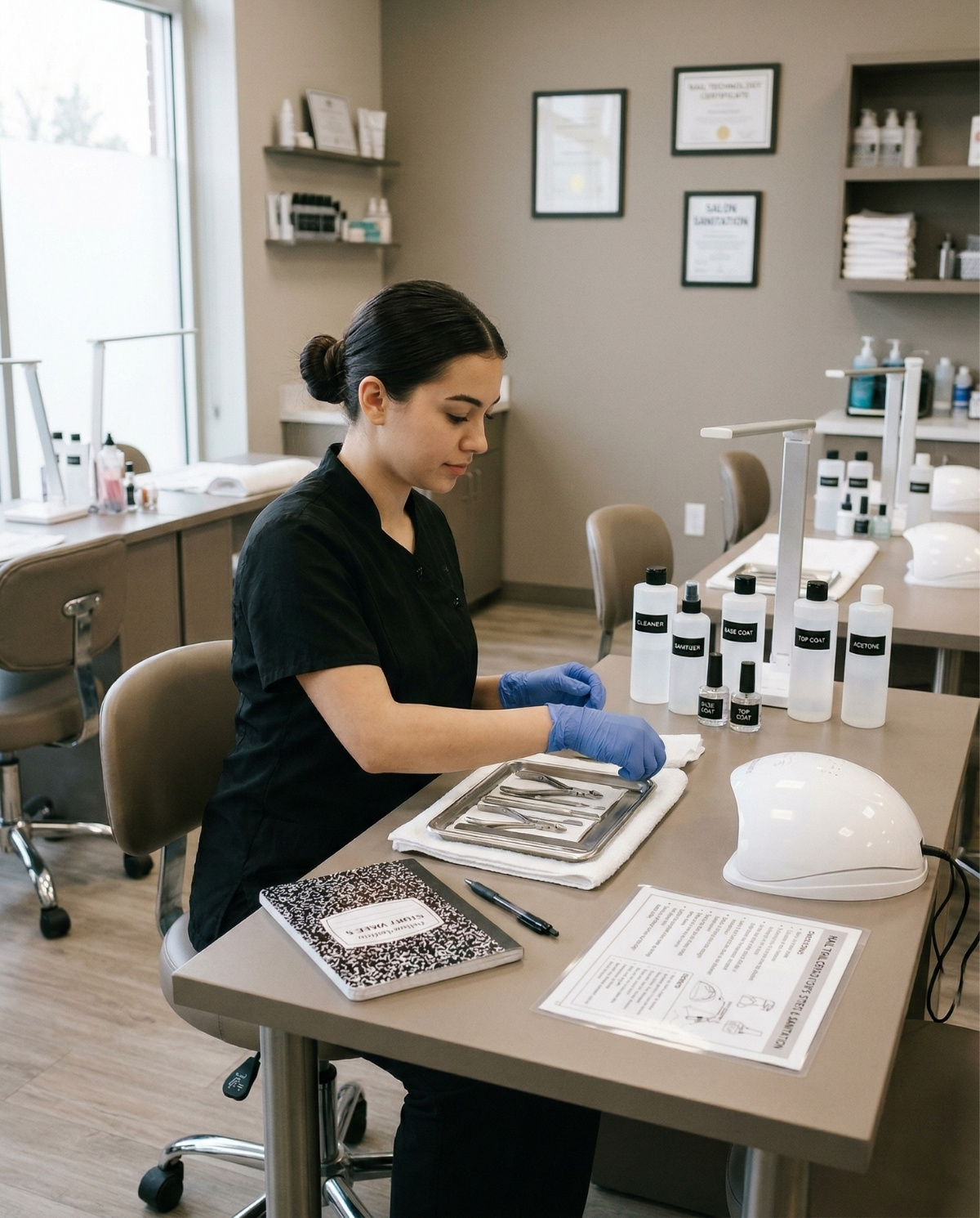 A young woman with a neat bun wearing a black smock and blue gloves meticulous arranges stainless steel nail tools on a tray at a clean beauty school workstation. The table is neatly organized with study materials, a composition notebook, a laminated study guide, several labeled bottles, a UV nail lamp, and desk lamps.
