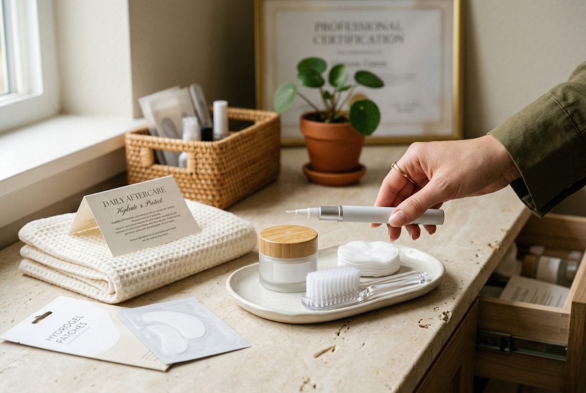 A person's hand with a ring and olive green sleeve selects a white beauty pen from a clean travertine countertop. The surrounding set includes a daily aftercare card, hydrogel patches packaging, a glass jar with a wooden lid, a ceramic brush, a potted plant, and a professional certificate.