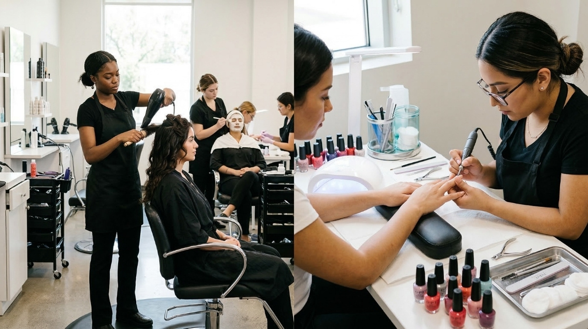 Split-screen view of a modern beauty school showing a cosmetology student styling hair in a bright salon on the left and a nail technician performing a professional manicure on the right.