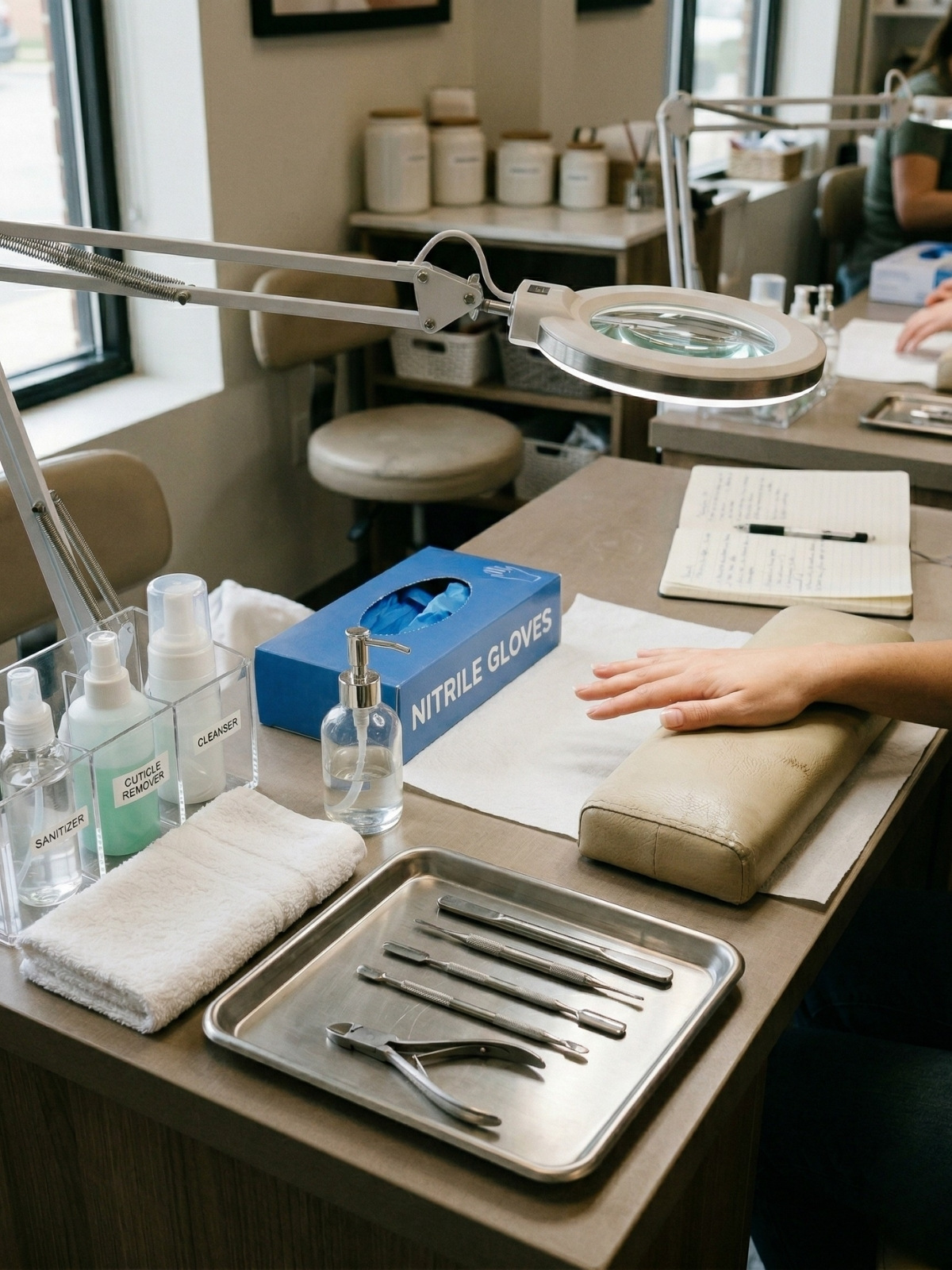 A professional nail technician workstation featuring a metal tool tray, a magnifying task lamp, and a client’s hand resting on a clean armrest in a modern salon.