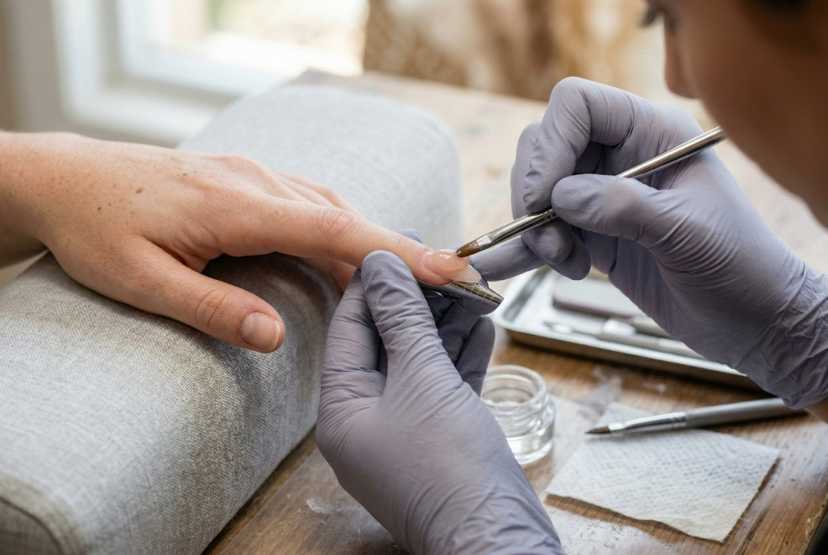 A close-up photo of a nail technician's gloved hands using a brush and builder gel to sculpt an extension on a client's finger with a silver nail form.