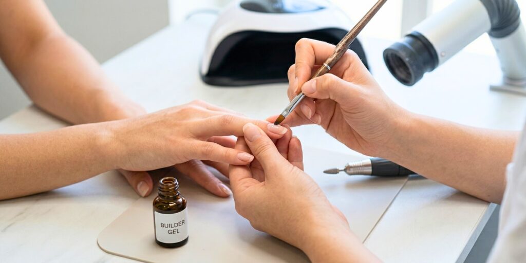 A professional nail technician applies structured builder gel to a client's natural nails using a precision brush in a clinical salon setting.