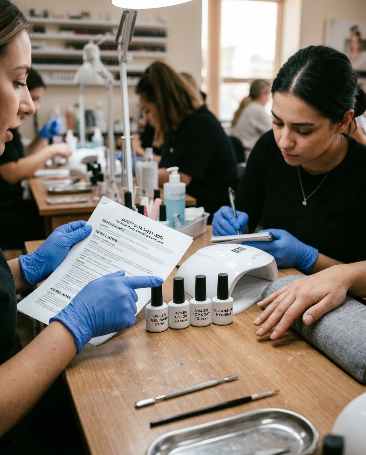 A professional nail technician in blue gloves reviewing a printed Safety Data Sheet (SDS) at a workstation with generic labeled bottles, a UV LED lamp, and manicure tools in a realistic beauty school setting.