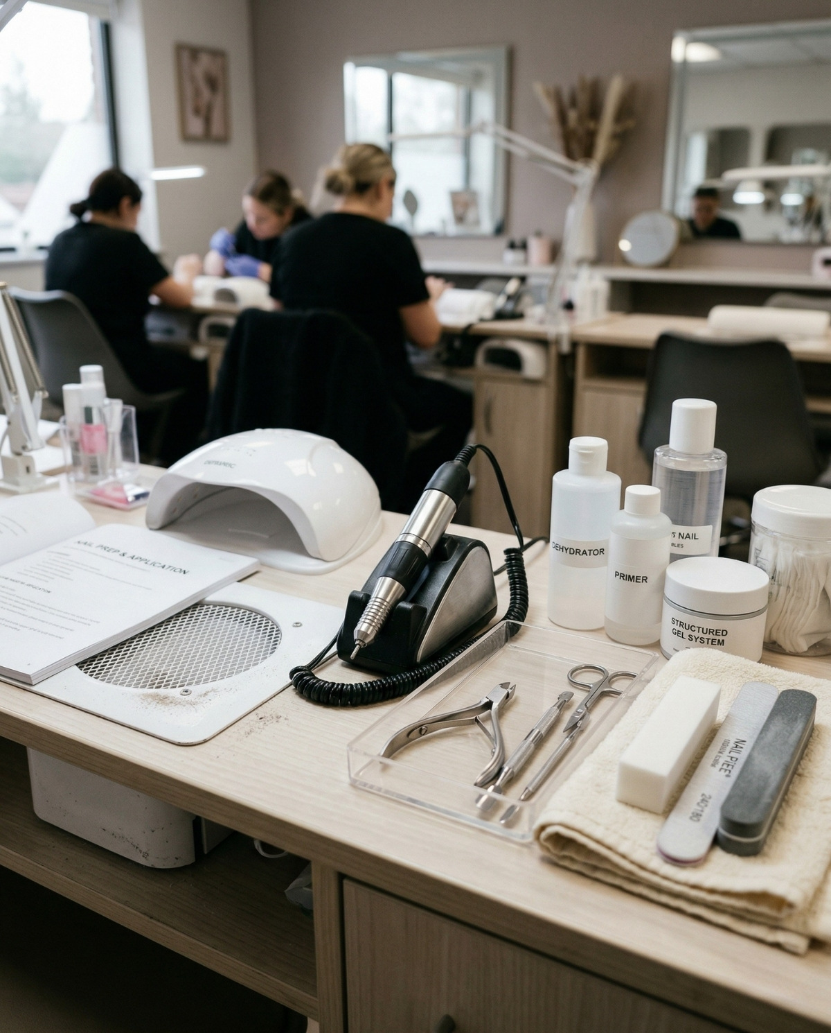 A realistic nail technology workstation featuring an e-file, UV lamp, stainless steel tools, and a training manual in a bright classroom setting.