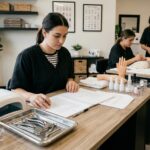 A student nail technician in a black uniform reviews a workbook and sanitized metal tools at a professional manicure station in a bright, modern beauty academy.