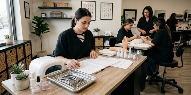 A student nail technician in a black uniform reviews a workbook and sanitized metal tools at a professional manicure station in a bright, modern beauty academy.