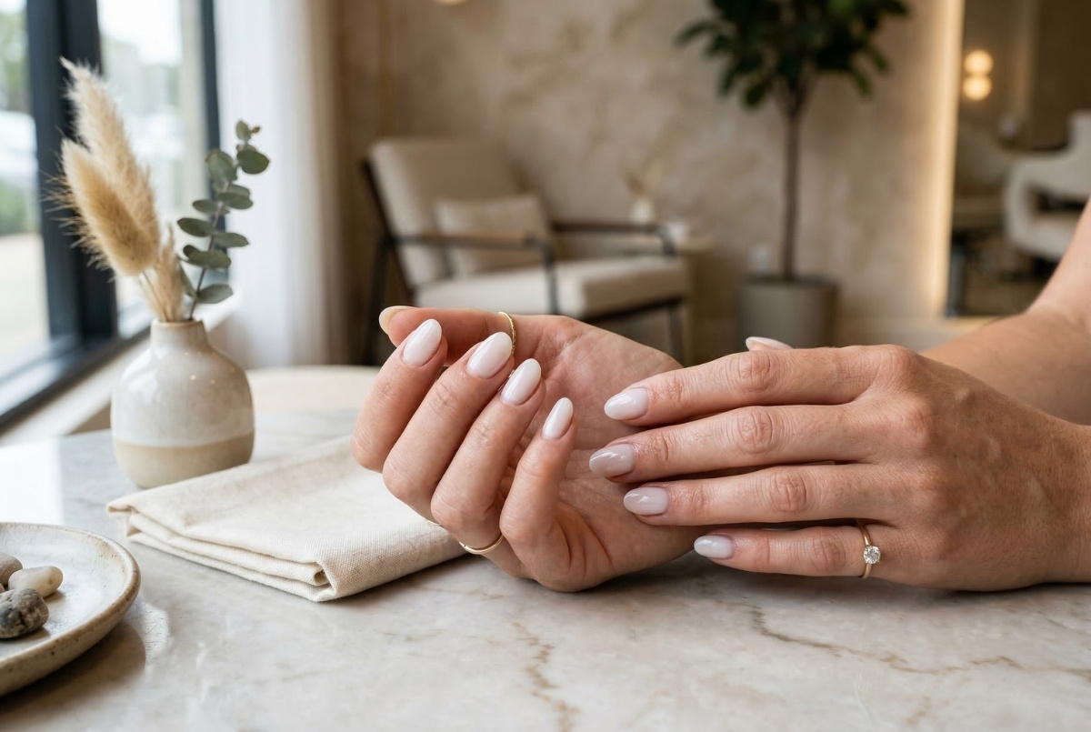 Elegant hands with a translucent milky white cloud dancer manicure in a soft minimalism style, featuring almond-shaped nails and natural skin textures on a marble salon table.