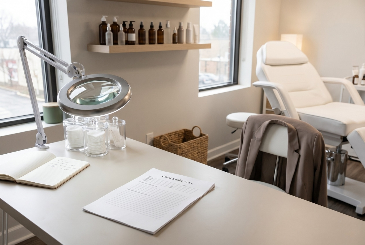 A clean and modern aesthetician treatment room with a professional magnifying ring light and glass jars of cotton pads on a white desk. A stack of "Client Intake Forms" is in the center foreground. A beige blazer hangs over a chair in front of the desk. Shelves with product bottles and a treatment bed are in the background next to a large window.