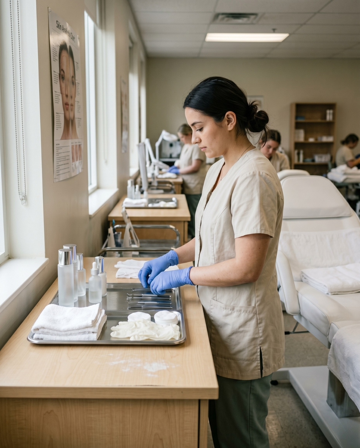 An esthetician student wearing blue gloves arranges facial tools on a metal tray at a wooden counter in a clinical beauty school classroom.
