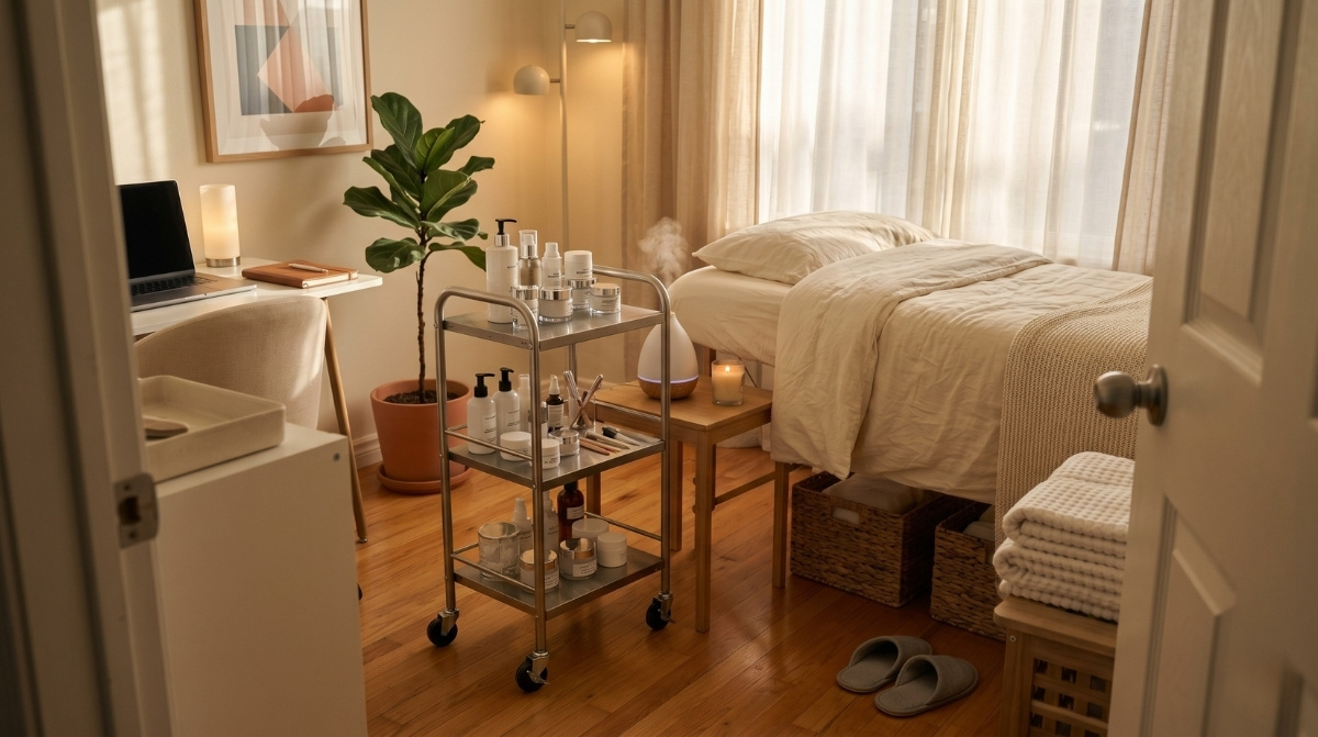 A warm home-based facial studio featuring a silver rolling cart stocked with skincare bottles, a cozy treatment bed with white linens, a laptop on a small desk, and a potted plant bathed in late afternoon sunlight.