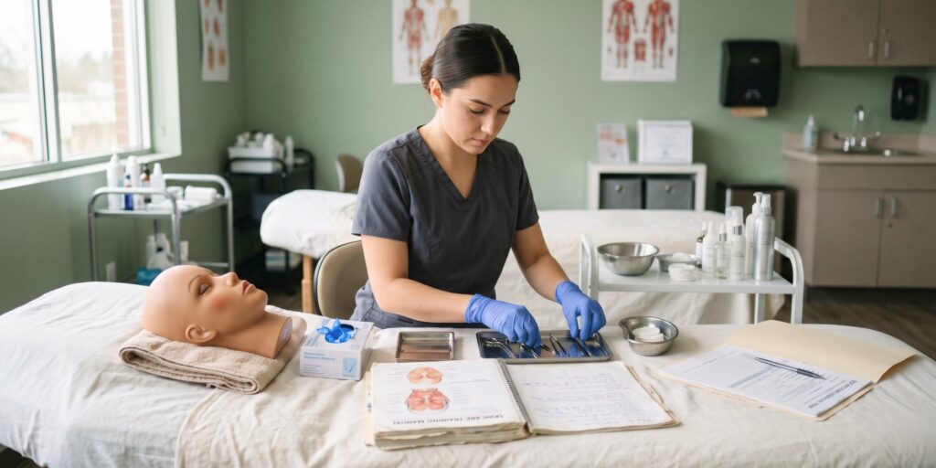 Focused esthetician student in a professional workspace organizing facial tools near an open skincare manual and mannequin head.