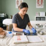 Focused esthetician student in a professional workspace organizing facial tools near an open skincare manual and mannequin head.