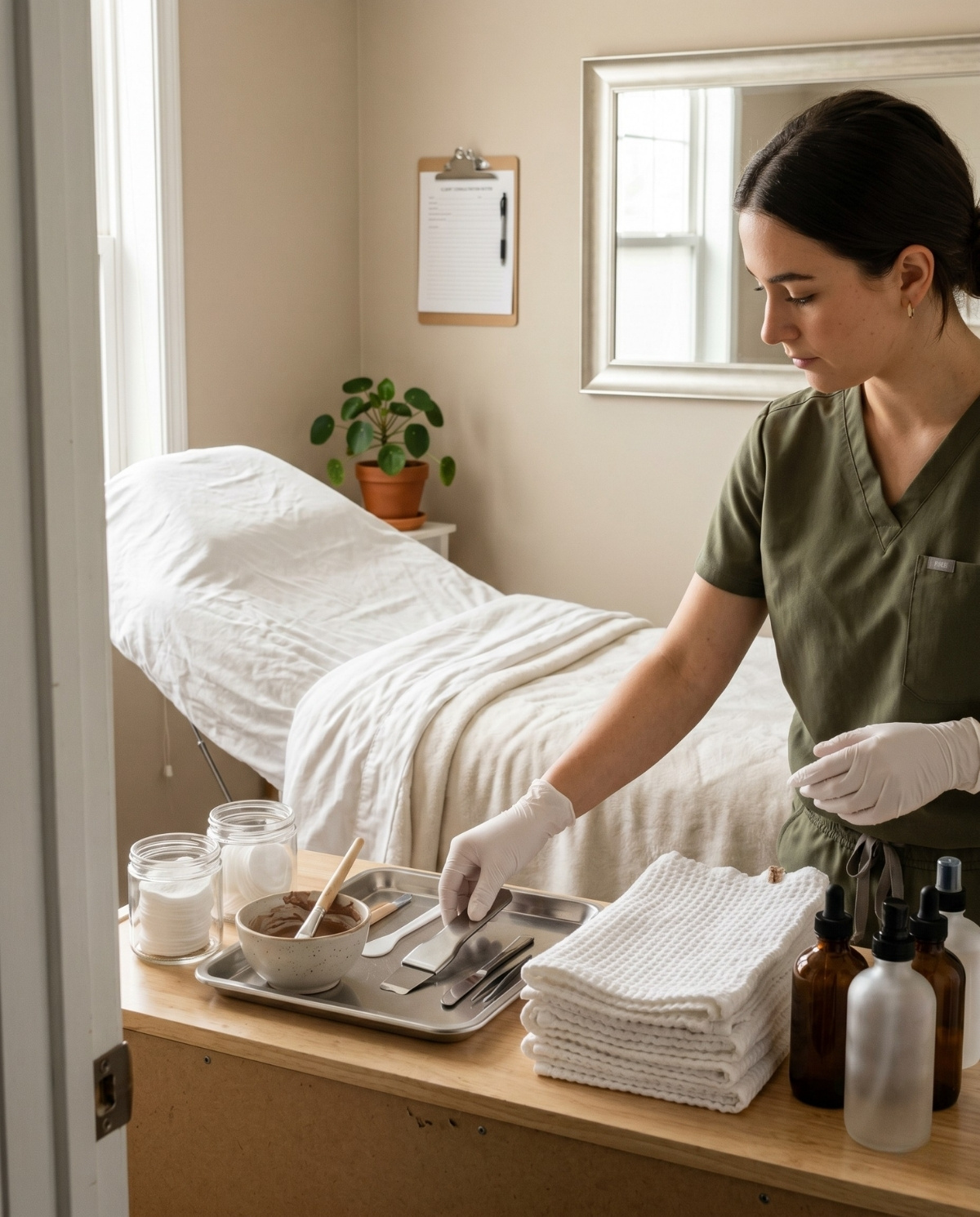 An esthetician student wearing green scrubs and white gloves organizes facial tools on a metal tray next to a stack of textured white towels and a treatment bed.