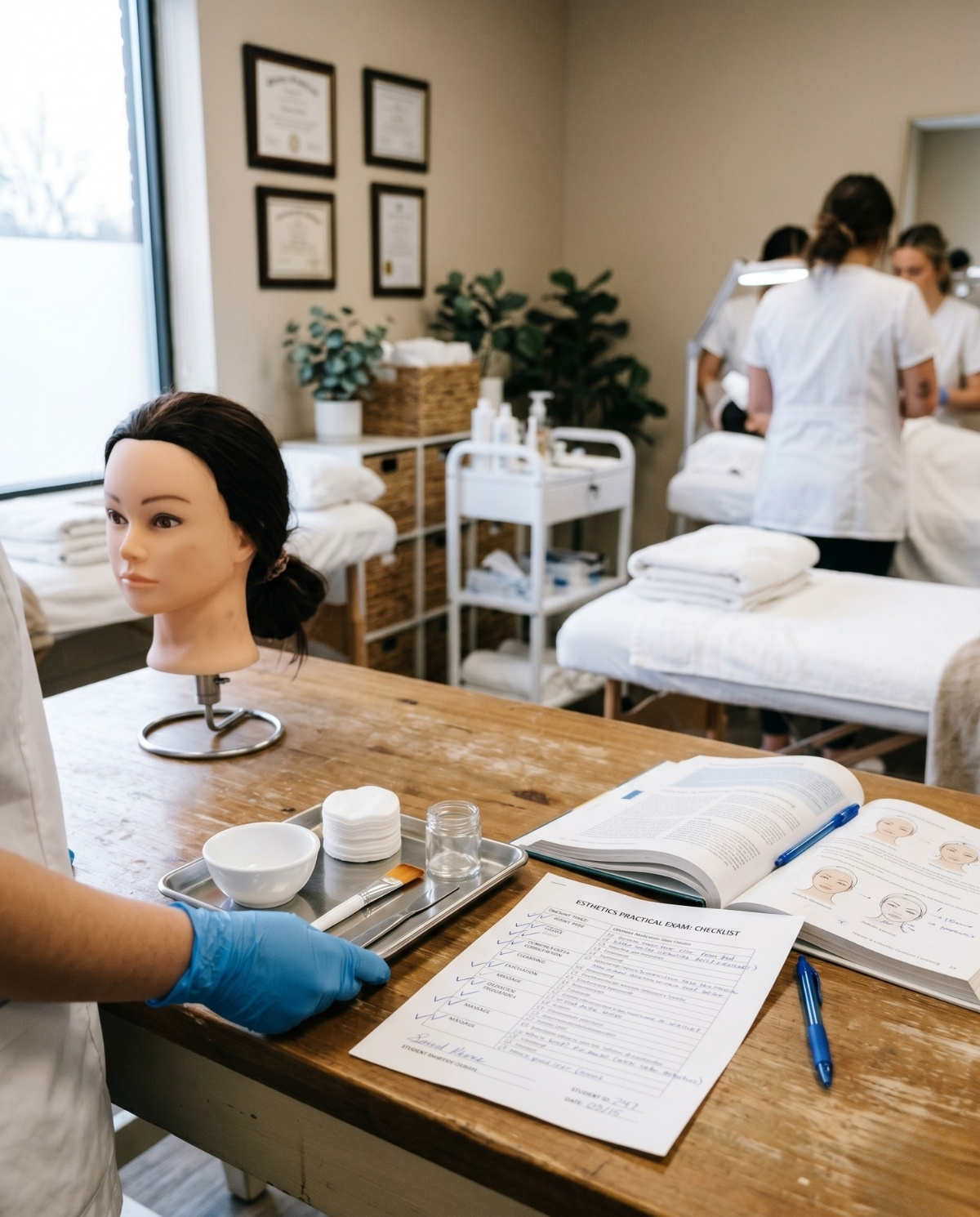 A student wearing blue gloves organizes a facial treatment tray on a wooden desk next to a practice mannequin and a state board checklist in a classroom.