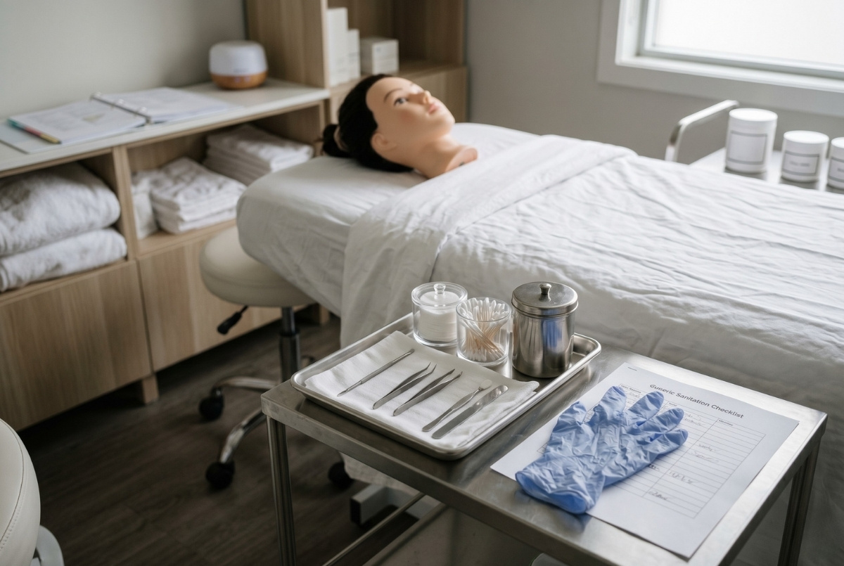 Sanitized esthetician tools on a metal tray with blue gloves and a checklist near a treatment bed with a mannequin.