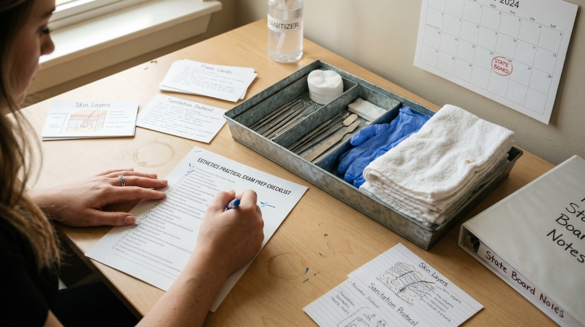 An esthetics student marking a practical exam checklist at a wooden desk with a metal tray of sanitized tools and study materials.