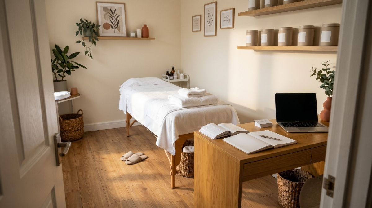 A view from a doorway into a beautifully decorated modern home wellness studio and massage room. On the right, a wooden desk with a laptop and open books. In the center, a made-up massage table with white linens and folded towels. Cream walls feature floating shelves with various containers and framed botanical art, plus multiple potted green plants. Natural light comes from a window.