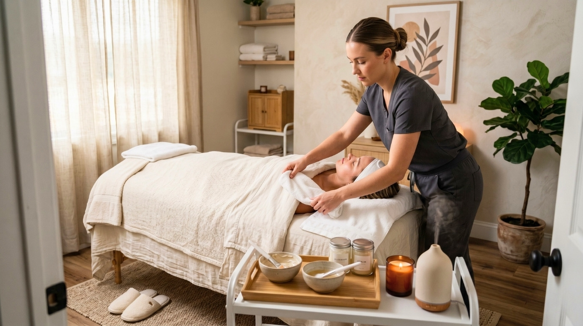 A professional esthetician in grey scrubs prepares a relaxed client for a facial on a cream treatment bed inside a sunlit, modern spa room with textured linens and a small diffuser.