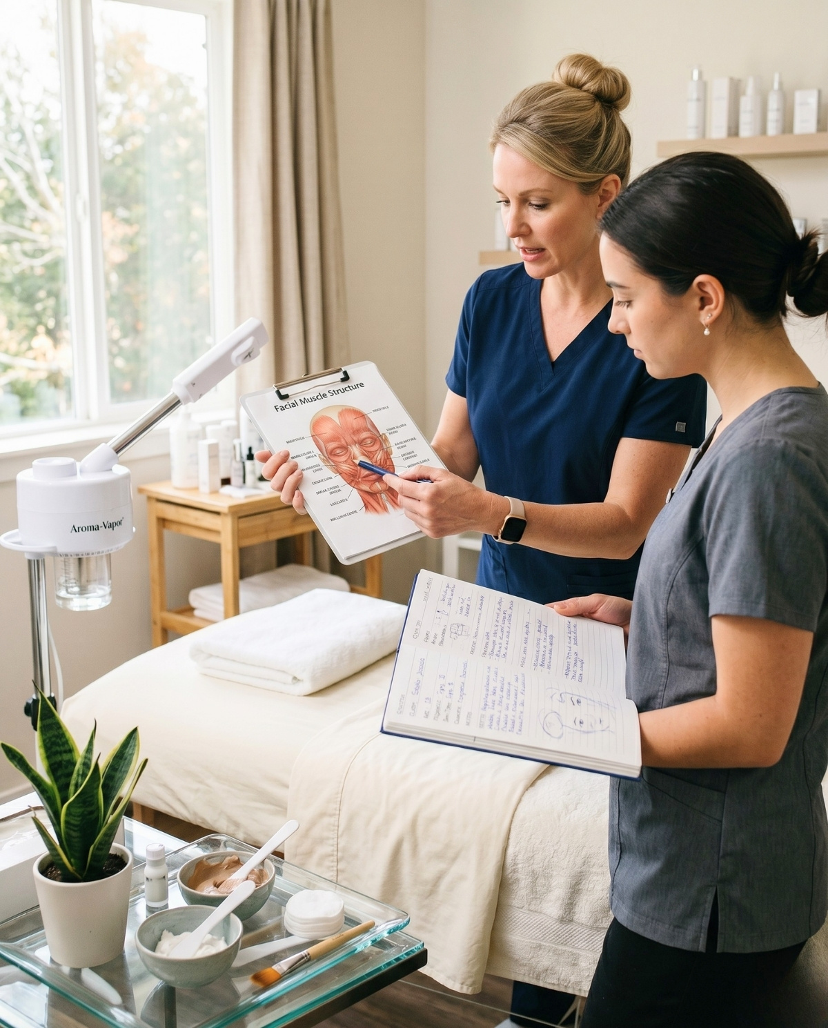 A student esthetician holds a workbook while an instructor points to a facial anatomy chart in a bright clinic.