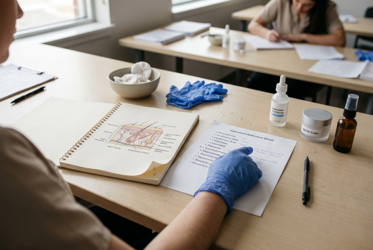 Over-the-shoulder view of a student wearing a blue glove, sitting at a desk and studying a notebook with a detailed anatomical skin cross-section drawing. An "Ingredient Reference Sheet" with handwritten notes is open next to it, surrounded by skincare products like Hyaluronic Acid Serum and skin cream, a pen, and cotton pads. Another student is working in the background in a classroom setting.