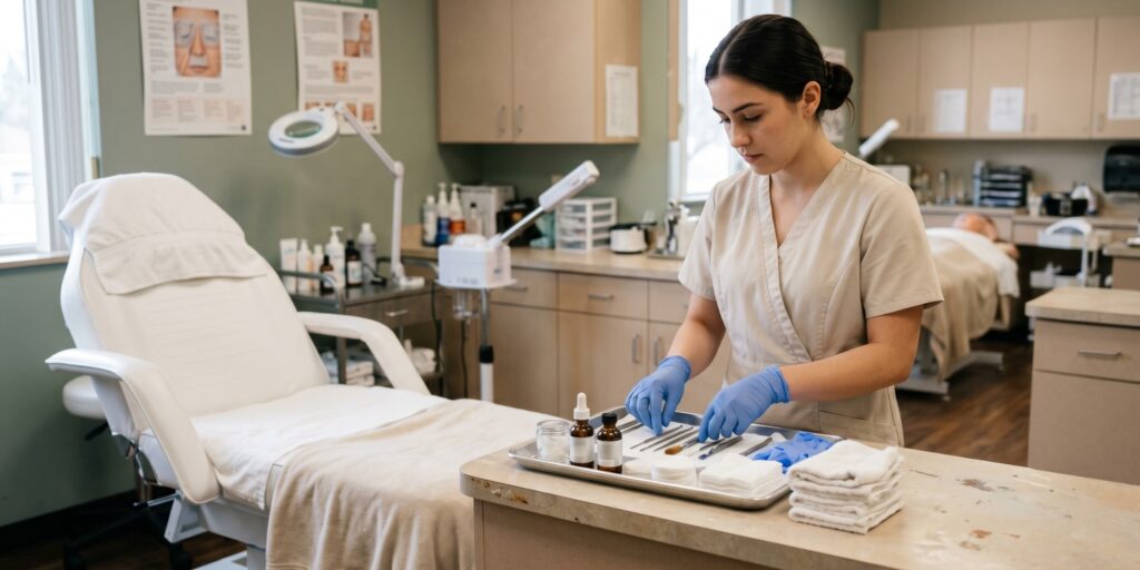 Focused student esthetician wearing blue gloves to arrange facial tools and towels on a workspace beside a white treatment chair.