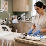Focused student esthetician wearing blue gloves to arrange facial tools and towels on a workspace beside a white treatment chair.