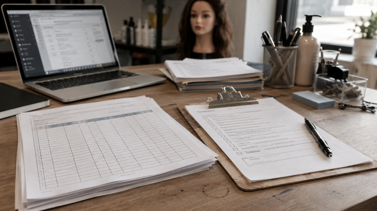 Beauty instructor workspace with student-hour tracking forms, compliance checklist, clipboard, laptop, pen, and mannequin head in the background.