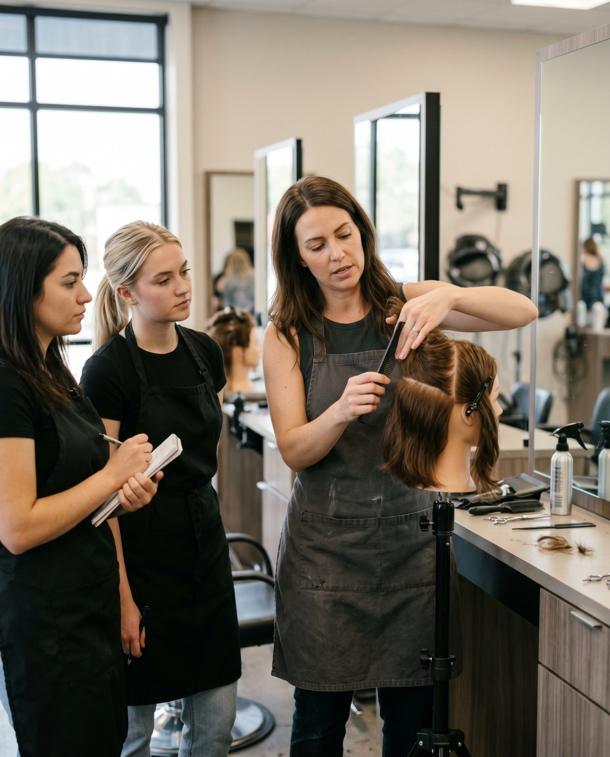 A beauty instructor stands by a mannequin head while teaching hair sectioning to two attentive students in a bright salon classroom.