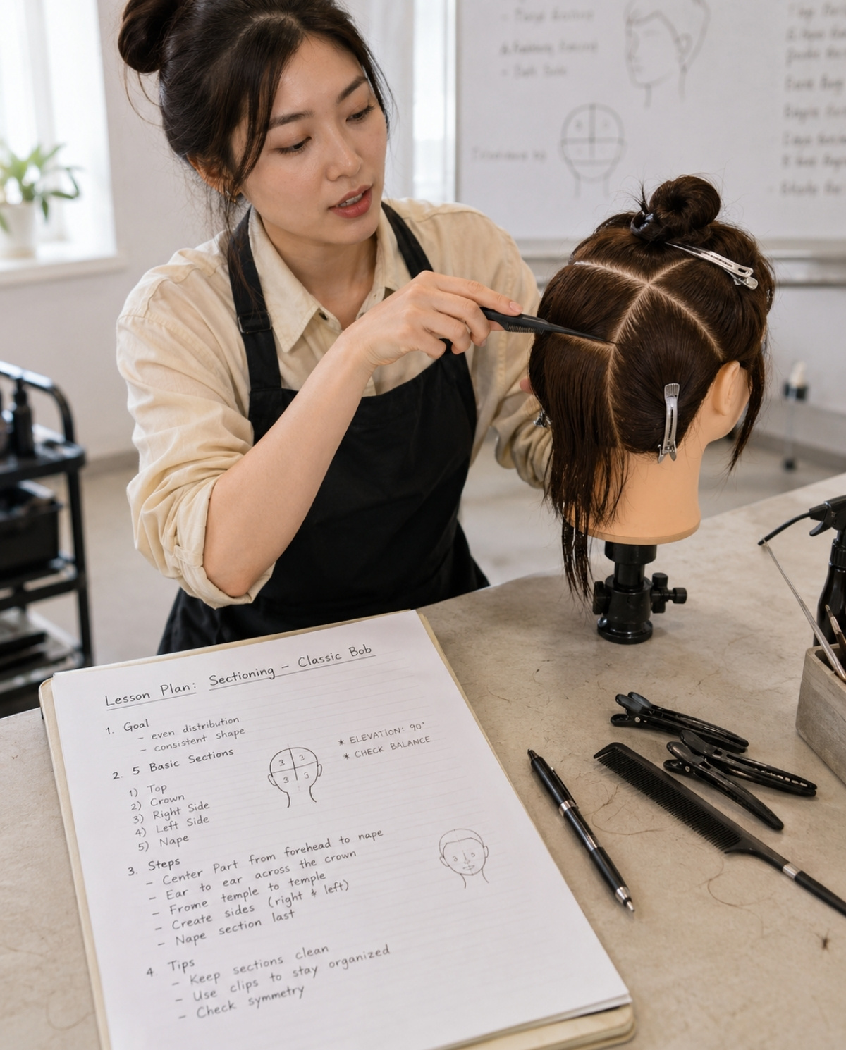 Beauty instructor trainee demonstrating hair sectioning on a mannequin head while using a handwritten lesson plan, combs, clips, and classroom teaching notes.