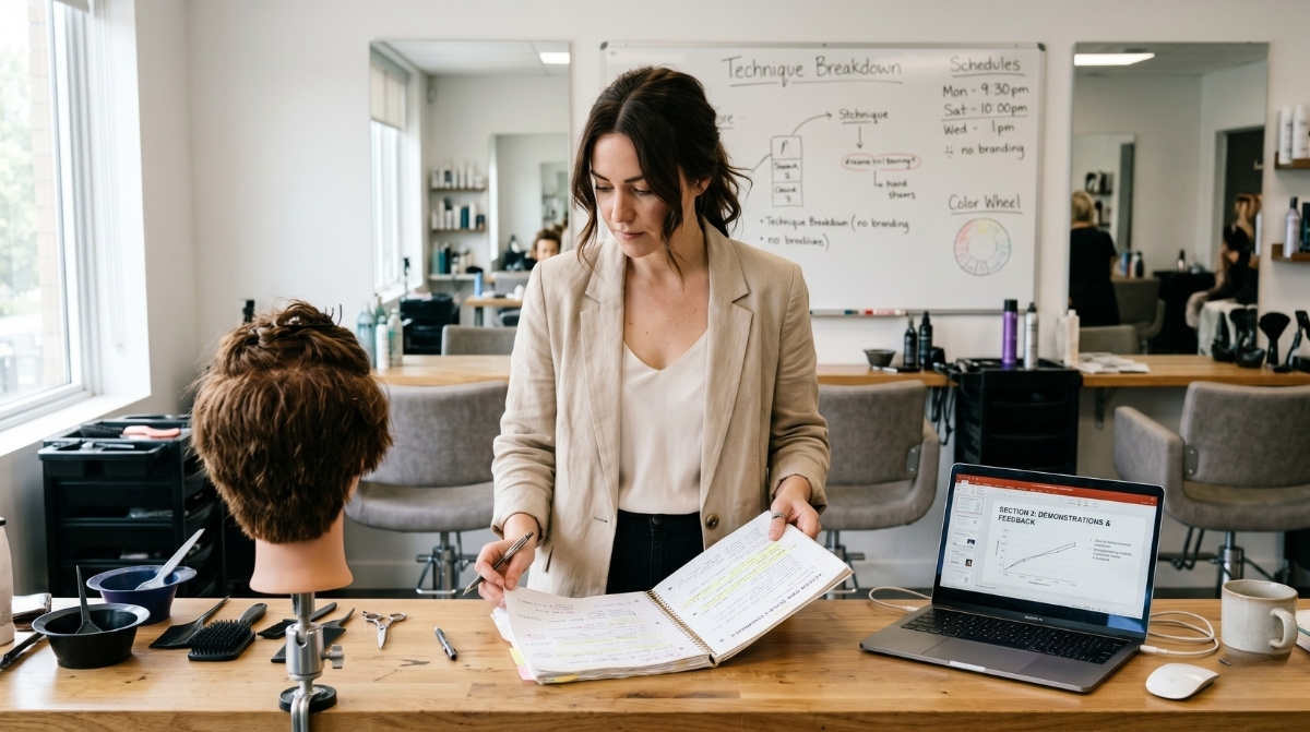 A beauty professional stands at a wooden desk preparing a lesson with a laptop, an open notebook, and a mannequin head in a hybrid salon classroom.