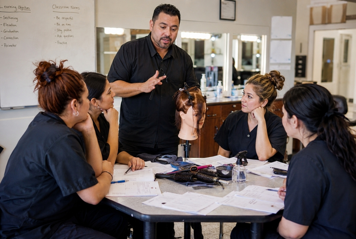 Cosmetology instructor teaching adult students around a classroom demonstration table with a mannequin head, worksheets, hair tools, and practical training materials.